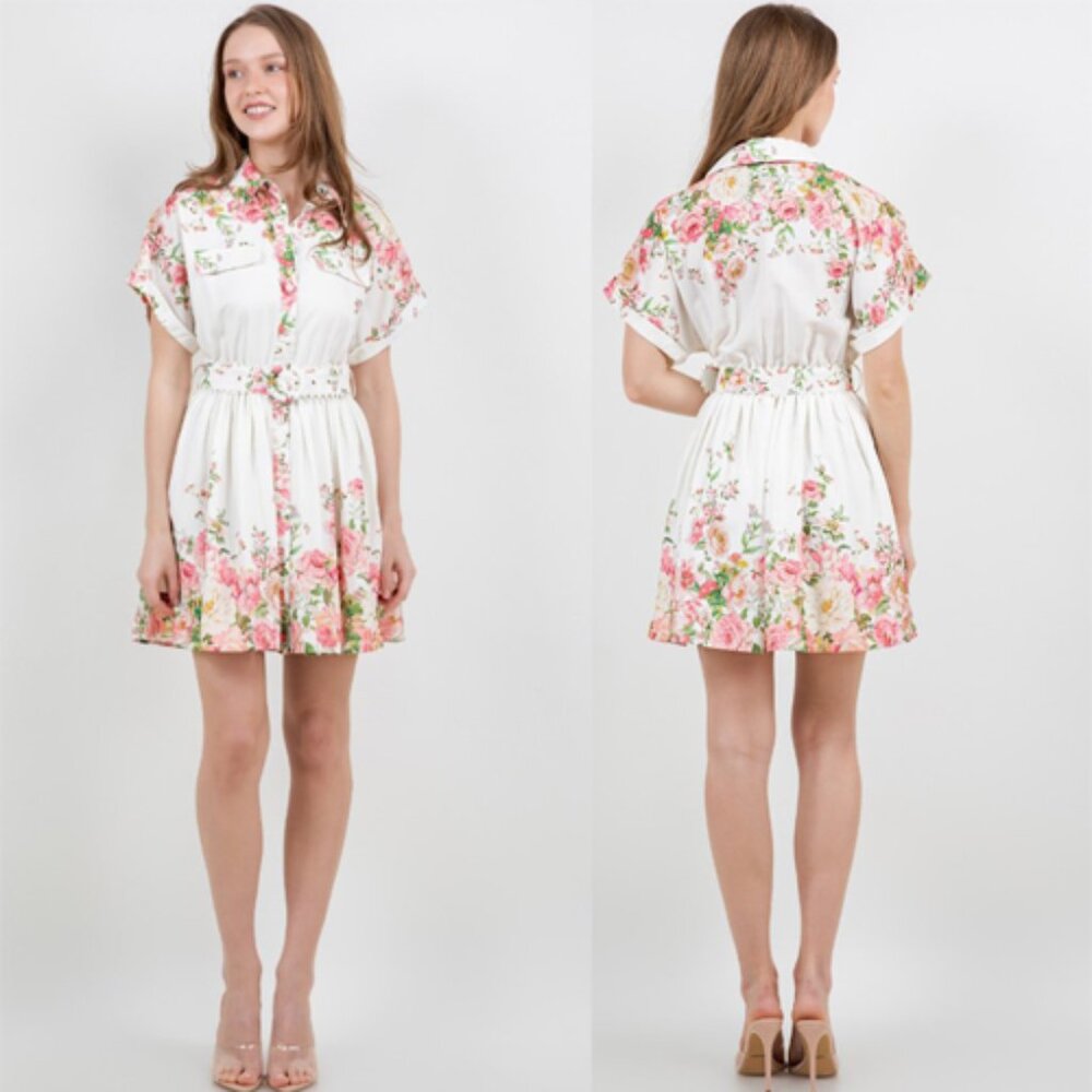 MA07. Floral Print Button Front Mini Dress With Belt in White